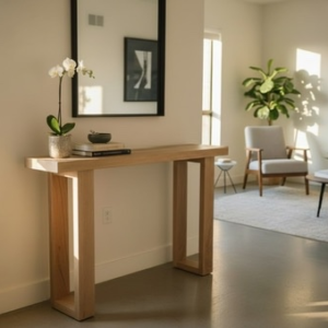 white oak console table with pedestal base southpaw furniture co